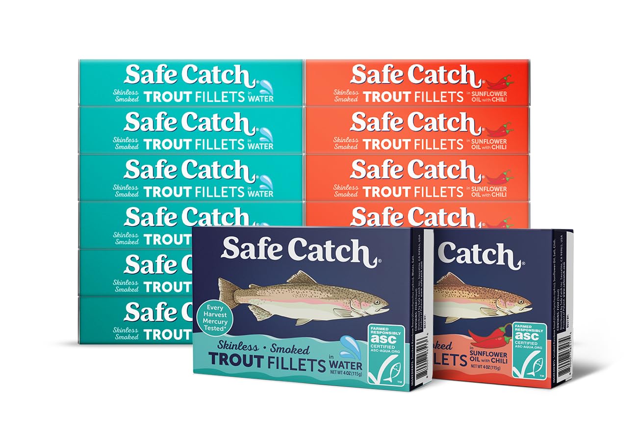 Safe Catch Smoked Rainbow Trout Fillets, Skinless & Boneless, 4 oz (Pack of 12), Mercury Tested, in Water & Sunflower Oil with Chili