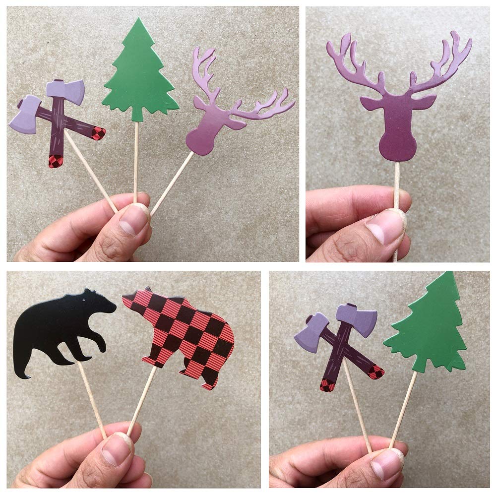 Alissar 30-Pack Lumberjack Cupcake Toppers, Buffalo Plaid Baby Bear Tree Cupcake Topper For Campfire Lumberjack Party Supplies B