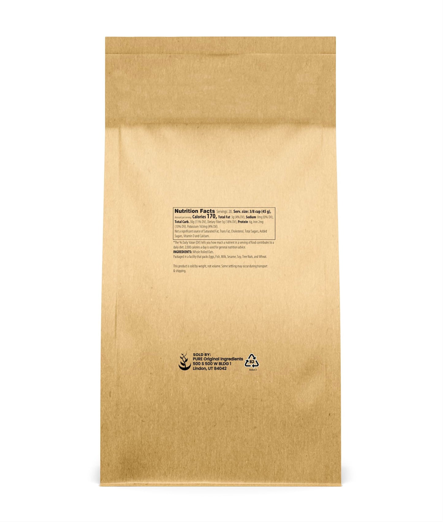 Pure Original Ingredients Rolled Oats (2 lb) Old Fashioned, Mild Flavor, Soft Texture, Resealable Packaging,