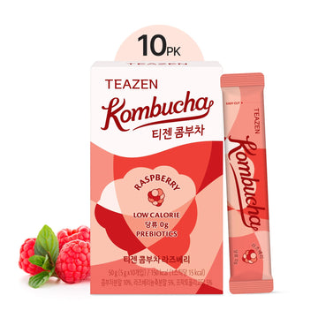 Teazen Raspberry Kombucha Tea, Hydration Drink Mix, Sugar Free, Live Probiotics & Prebiotics, 10 Sticks, 1.76Oz