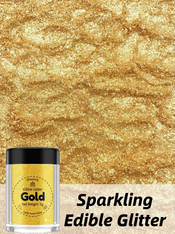 Shanlinly Gold Edible Glitter - Food Grade Shimmer Dust for Cakes, Cocktails, Vegan - 5g