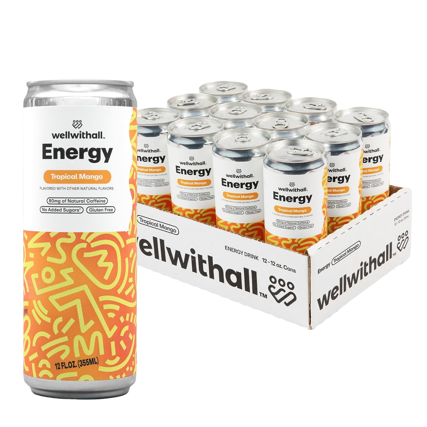 Wellwithall Tropical Mango Energy Drink – Caffeine From Tea – With Vitamin C – Lightly Sparkling Beverage – Fruit & Veggie Juice Blend – 12 Oz (Pack Of 12)