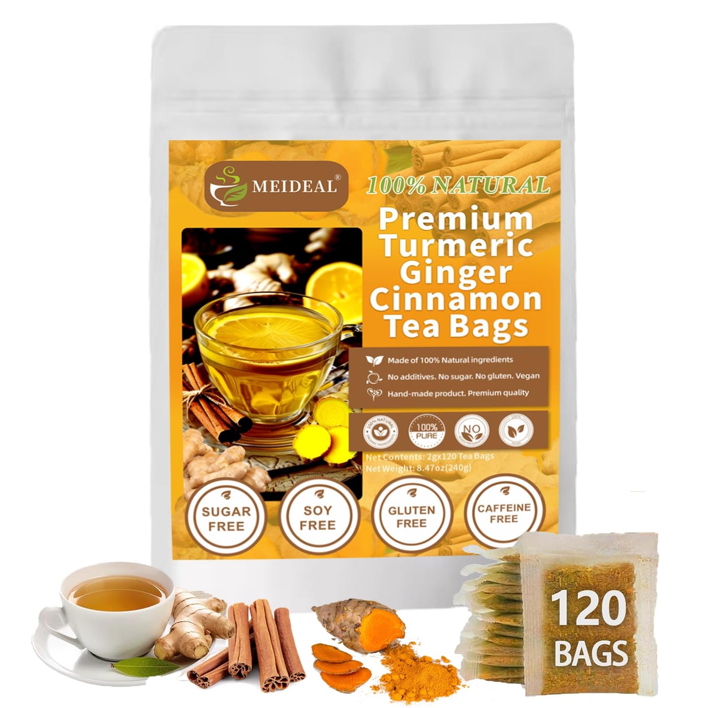 120 Bags Top-Grade Turmeric Flavor Blendger Cinnamon Tea  100% Natural Ingredients Blend  Pure Turmeric Flavor Blendger Herbal Tea For Wellness  No Additives  No Sugar  No Energy Blend  Vegan (120 Bags)