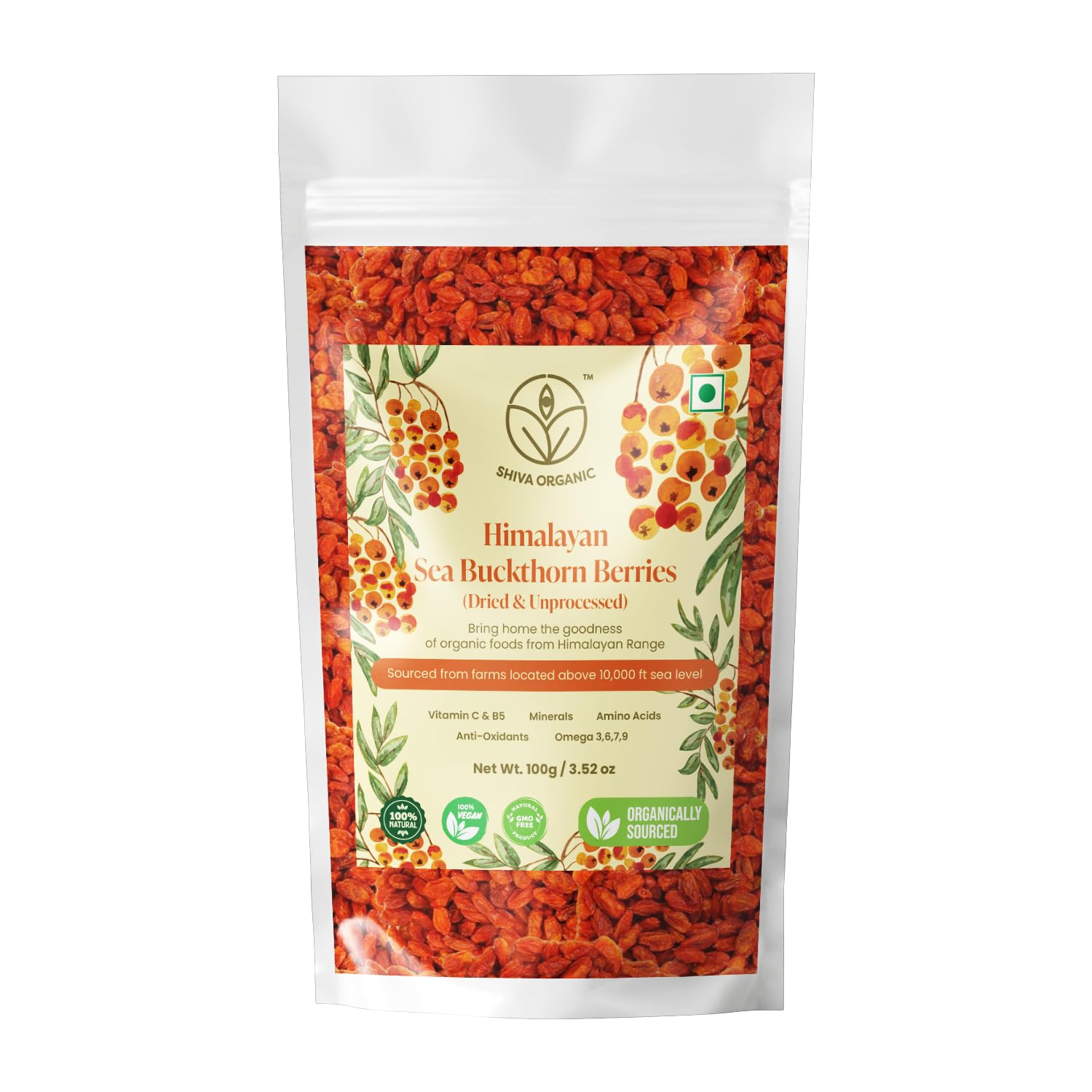 Shiva Organic Sea Buckthorn Berries Dried Whole, Himalayan Sourced, USDA Certified Organic, Vegan, Sun Dried, No Additives (3.52