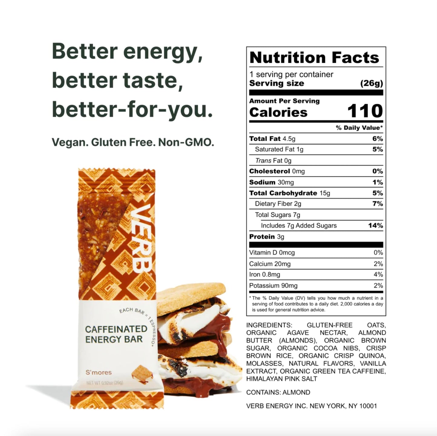Verb Caffeinated Energy Bars Variety Pack - 2 Delicious Flavors (26G, Pack Of 16) 110-Calorie Delicious Low Sugar Energy Bar, Vegan & Gluten Free On-The Go Snack With 80Mg Green Tea Caffeine