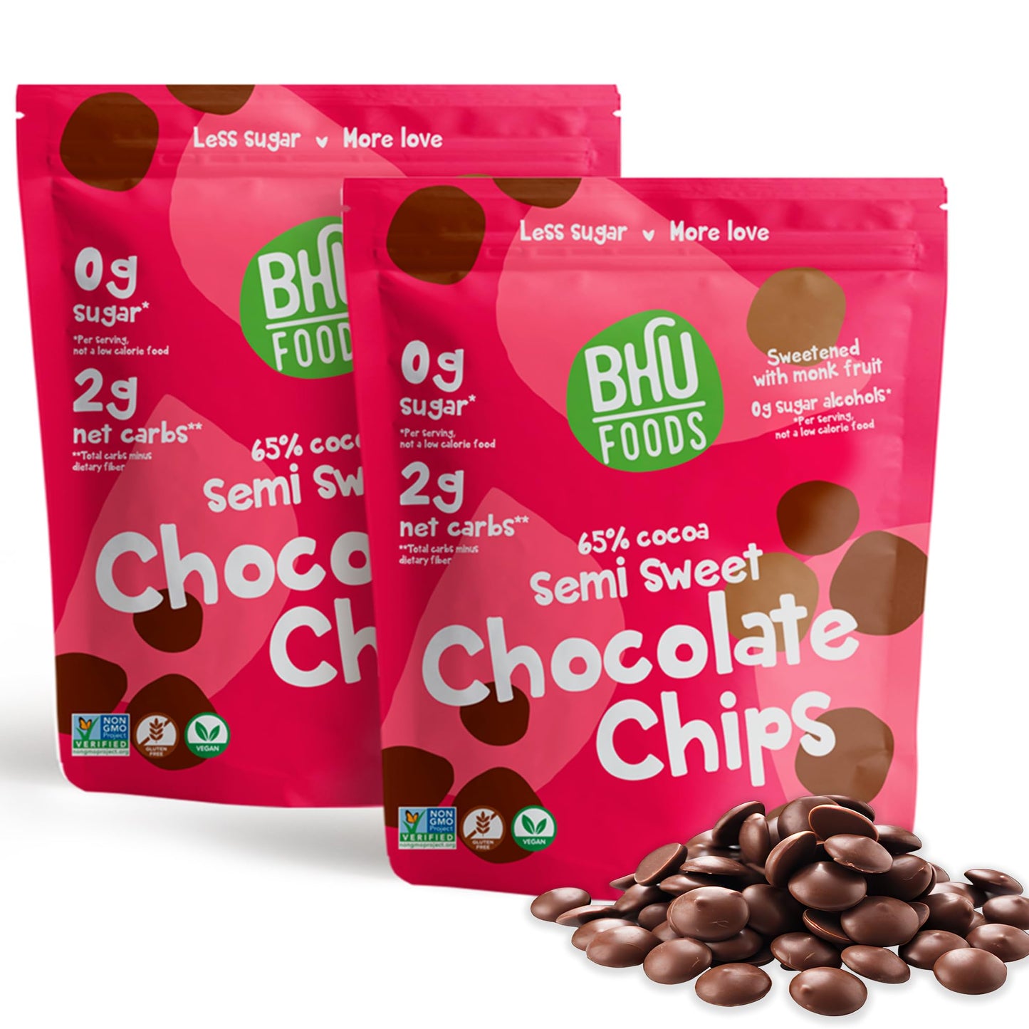 Bhu Foods Keto Chocolate Chips, Sugar Free, Vegan, Gluten Free, Low Carb, Clean Ingredients (Pack of 2)