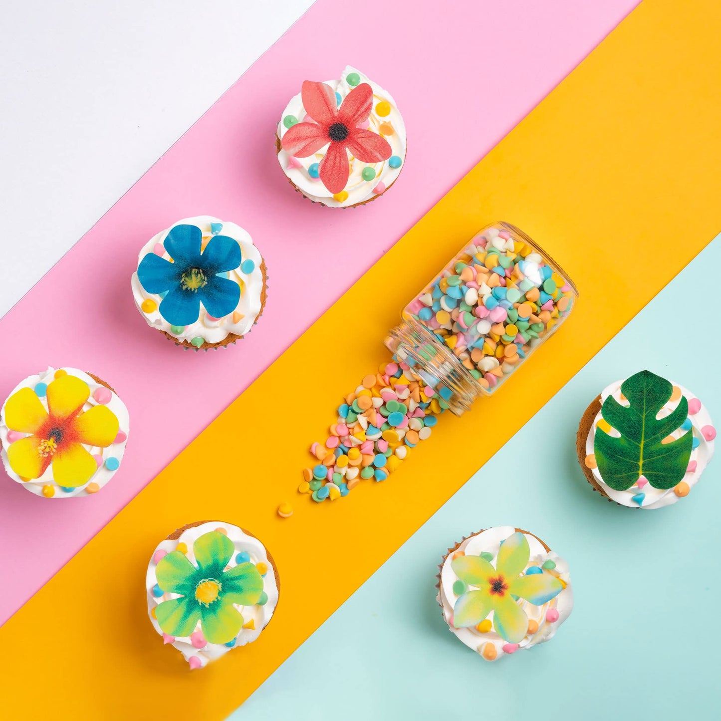 Gyufise 83Pcs Edible Tropical Palm Leaves Flowers Cupcake Toppers Palm Leaf Mini Flowers Cupcake Picks Hawaii Theme Cake Decorat