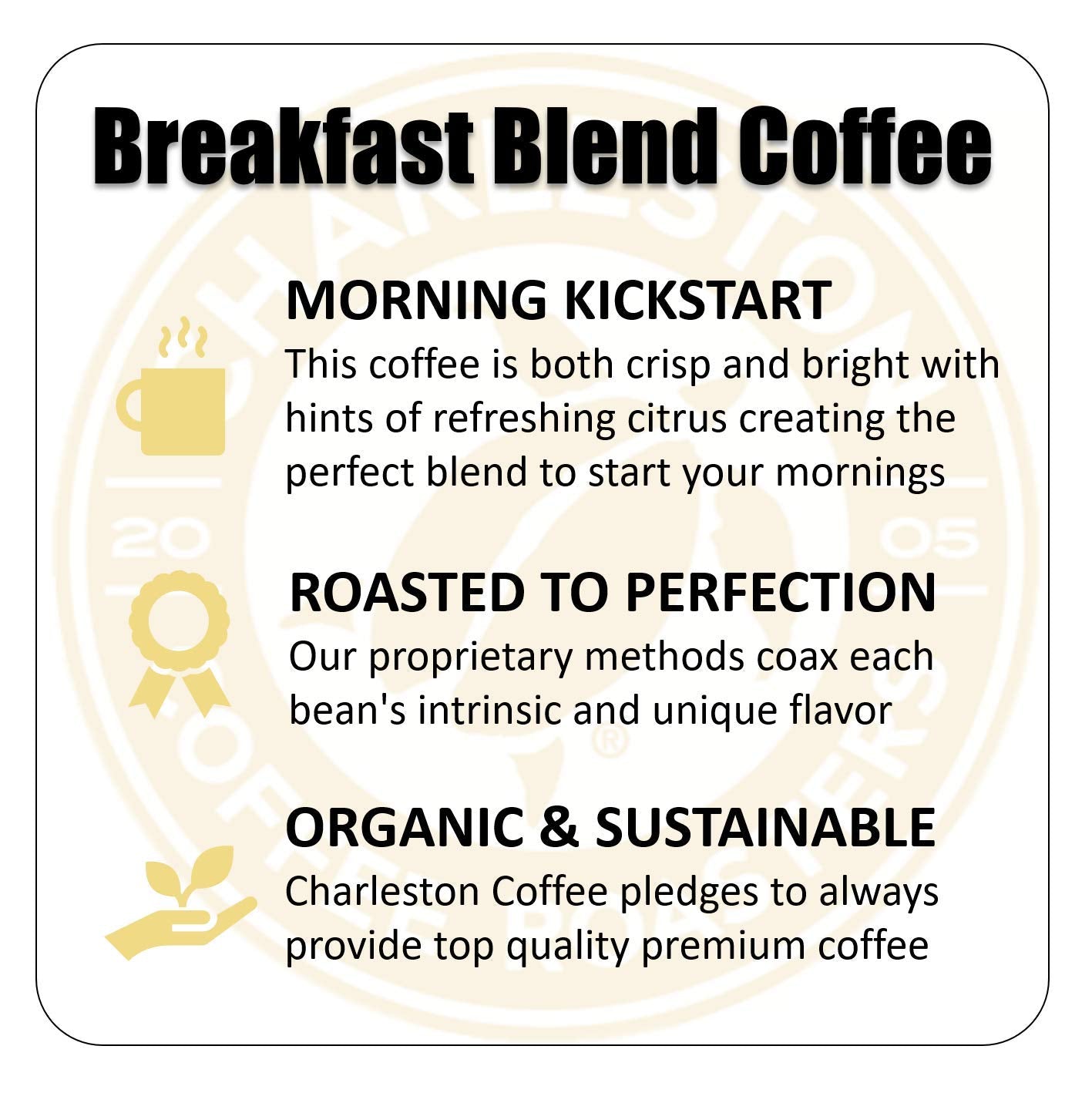 Charleston Coffee Roasters | Specialty Organic Whole Bean Coffee | Hand Picked, Premium Slow Roast | (Breakfast Blend, Medium Roast) 12Oz, 6 Pack