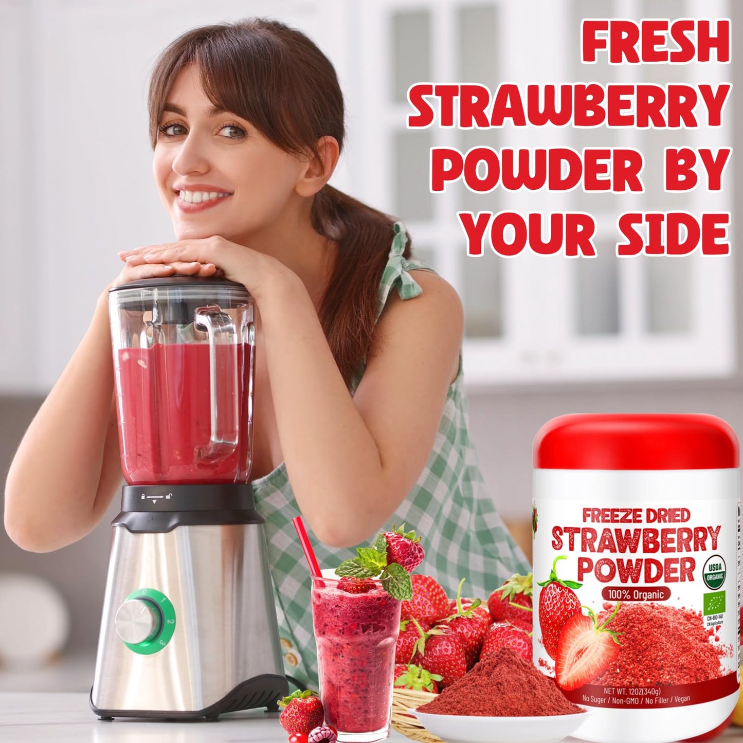 12Oz Organic Freeze Dried Strawberry Powder - 100% Natural Dry Strawberries, No Added Suger, Vegan & Non-Gmo, Strawberry Powder