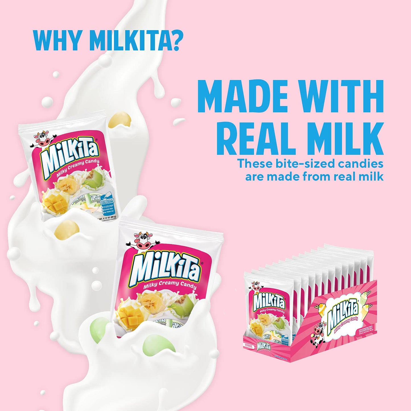 Milkita Creamy Shake Candy Bag, Gluten Free Chewy Candies With Calcium & Real Milk, Zero Trans Fat, Low-Sugar, Tropical Flavors (Banana, Honeydew, Mango), 25 Pcs