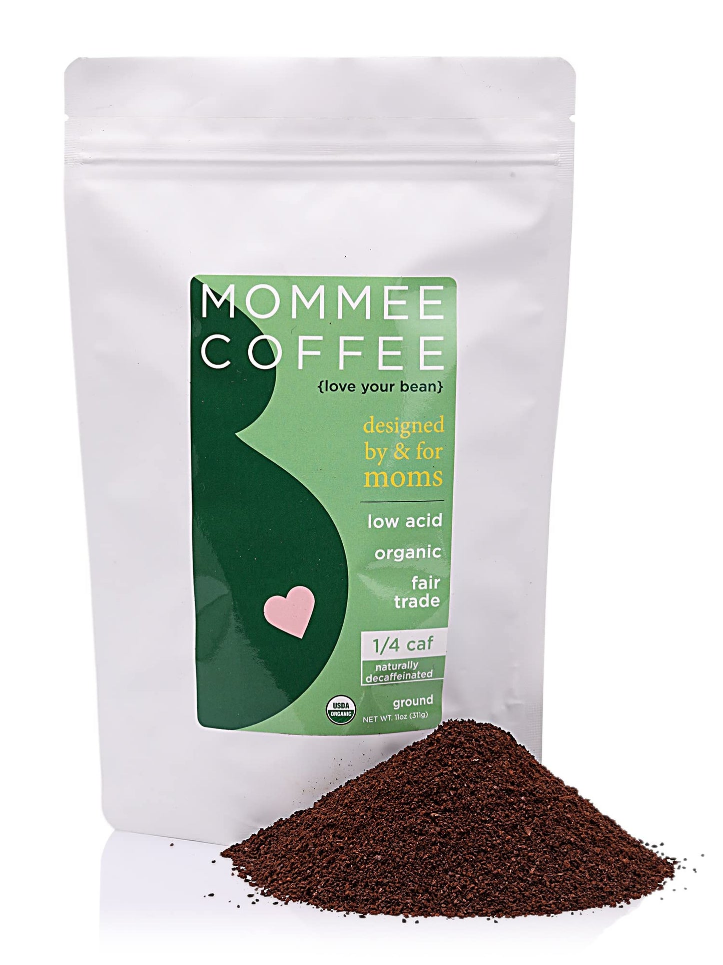 MOMMEE COFFEE Quarter Caf Ground Coffee - 100% Arabica, Low Acid, Medium Grind - 11 oz, Green
