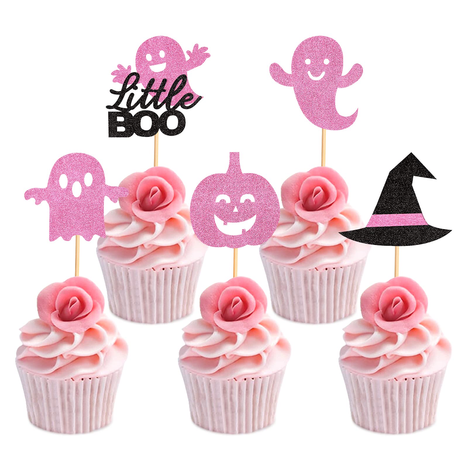 Keaziu 25 Pack Halloween Ghost Cupcake Toppers Little Boo Cupcake Toppers Pink And Black Halloween Baby Shower Ghost Decorations