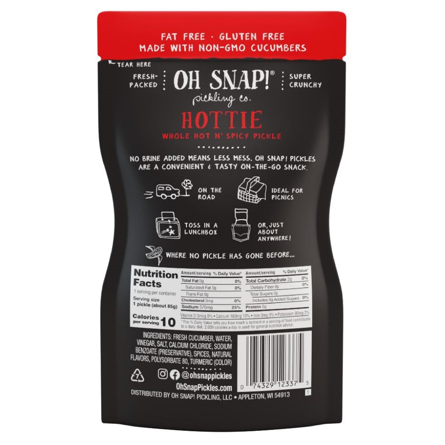 Oh Snap! Hottie Whole Pickle (12 Pack) - Whole Hot N' Spicy Pickle Snack - Fresh Packed Ready To Eat - Gluten-Free, Fat-Free, No