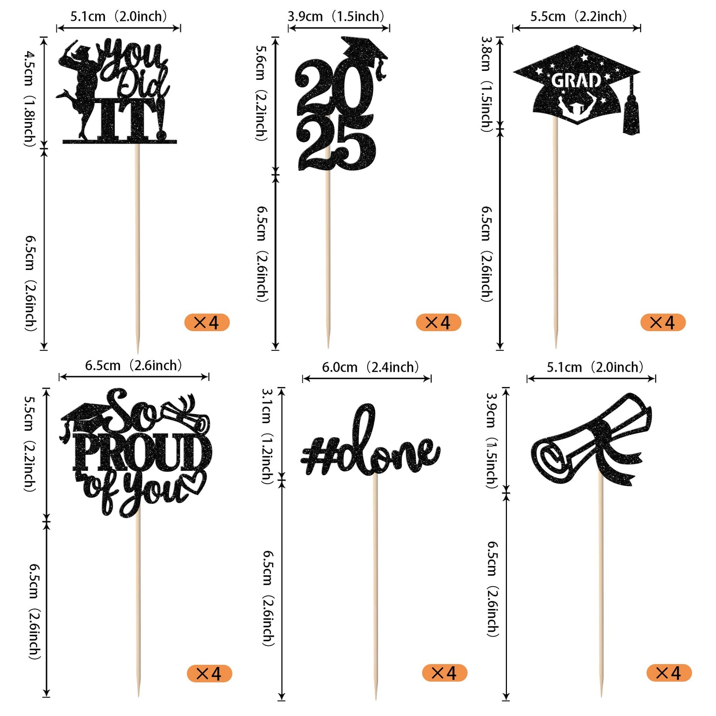 YCTHUNFISH Graduation Cupcake Toppers, 24 Pack, Glitter, Bamboo, Orange, 2025 Theme Party Decorations