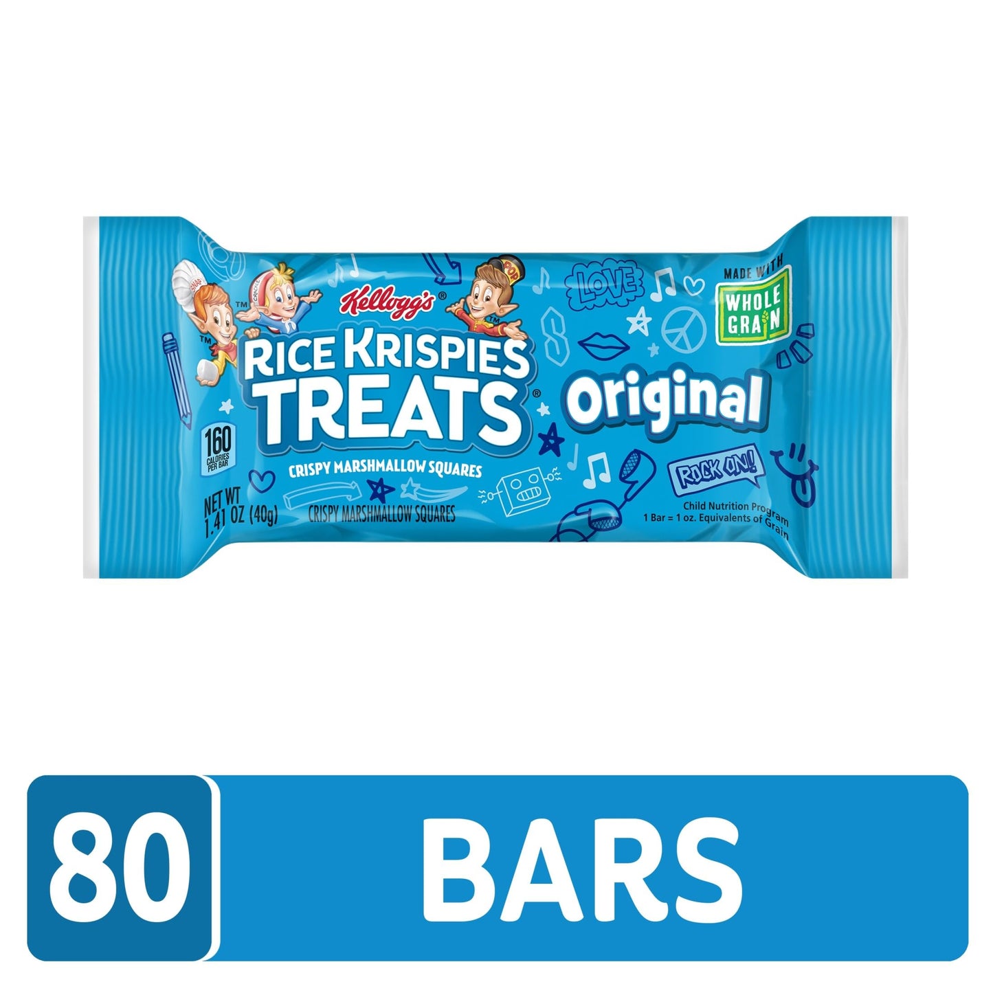 Kelloggs Rice Krispies Treats, Crispy Marshmallow Squares, Original, Made With Whole-Grain, Bulk Size (Pack of 80, 1.41 oz Bars)
