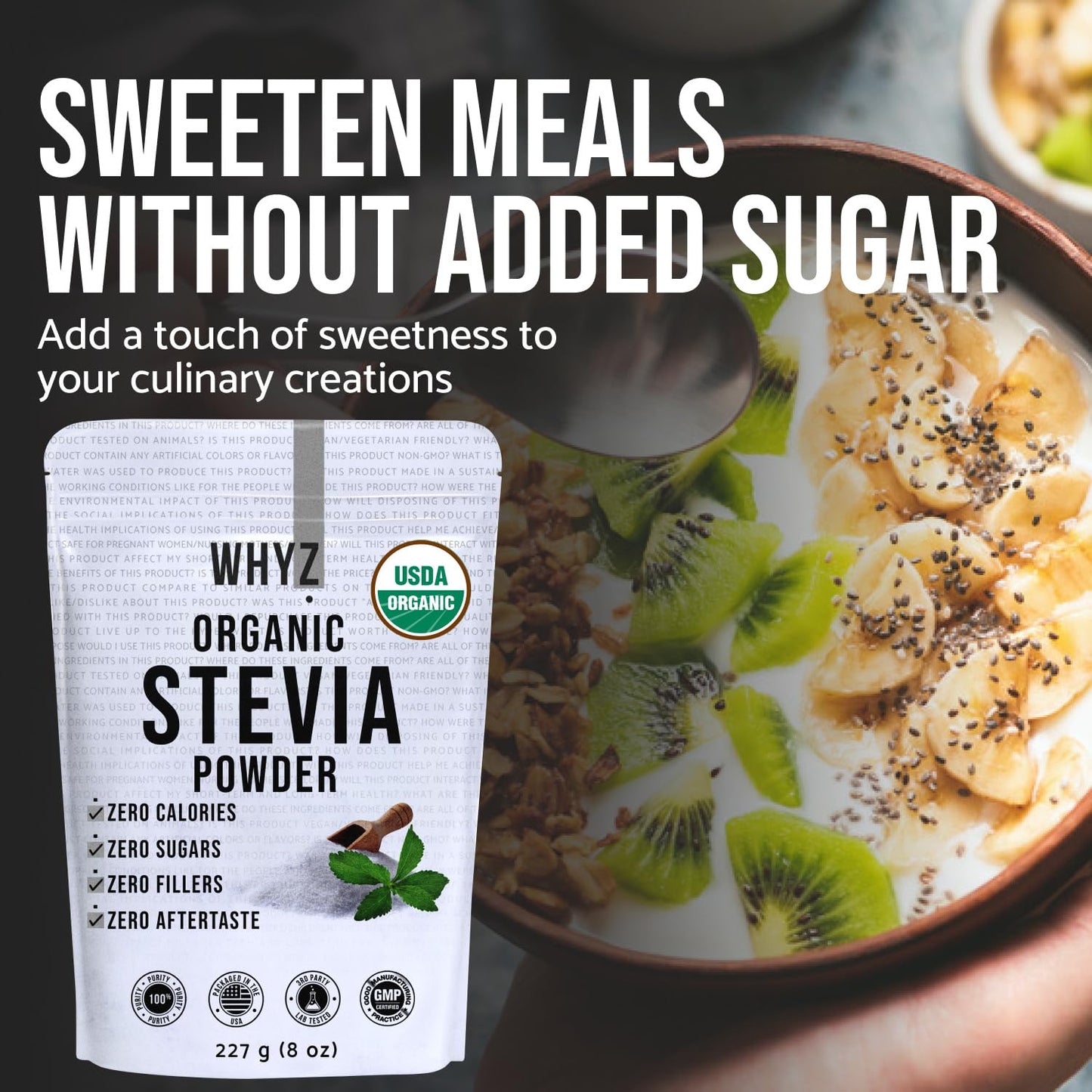 WHYZ Organic Stevia Powder, Zero Calorie Sweetener, Non-GMO, Keto Friendly, 8 oz