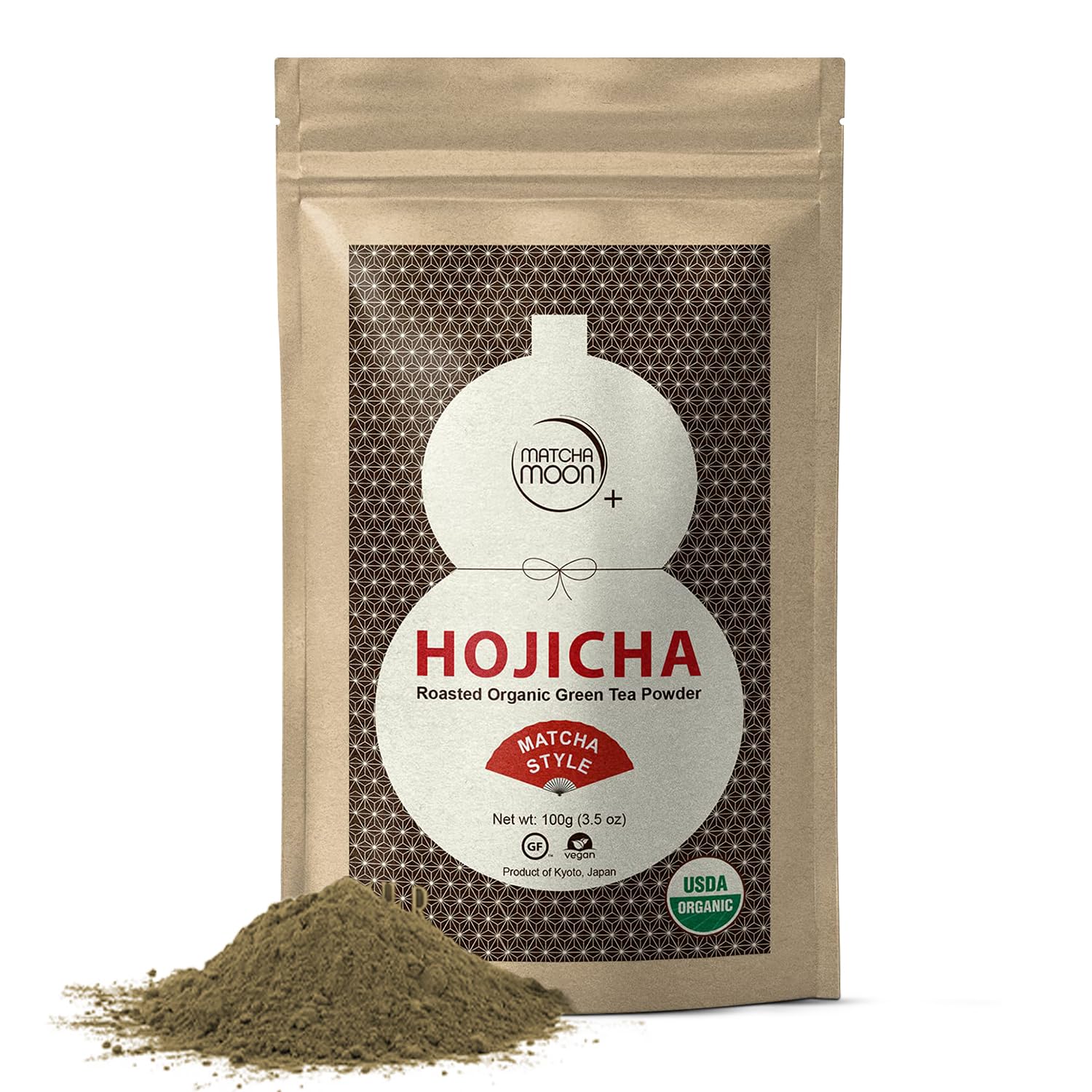 Matcha Moon Hojicha Powder Organic - Roasted Matcha Green Tea - Japanese Oriflavor Blend - Unsweetened  Low Energy Blend - Uji Kyoto Japan - 100G Resealable Bag