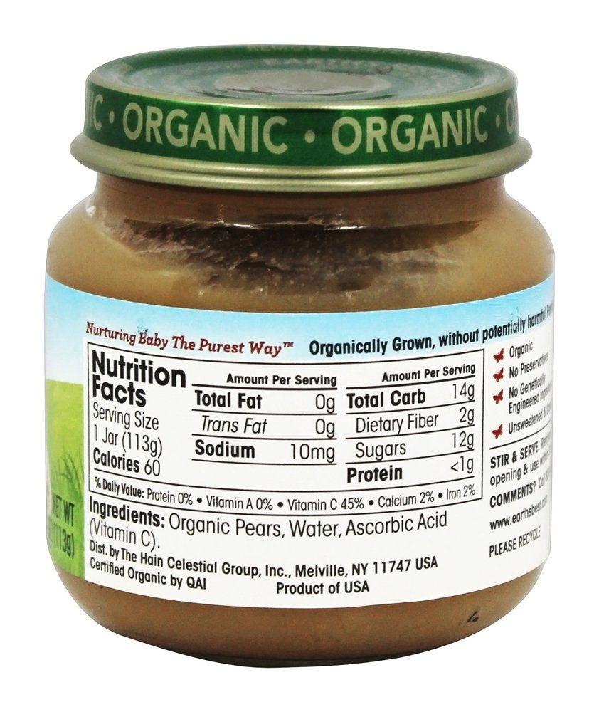 Earth'S Best Organic Baby Food Jars, Stage 2 Fruit Puree For Babies 6 Months And Older, Organic Pears, 4 Oz Resealable Glass Jar