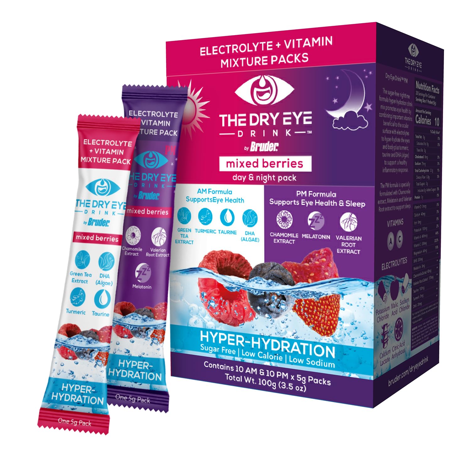 The Dry Eye Drink L Ultimate Hydration For Dry Eyes L Sugar-Free Electrolyte Powder Packets L Blended With Vitamins, Green Tea, Turmeric, Taurine, And Dha L 5G X 20 Packets (Mixed Berry Am/Pm)