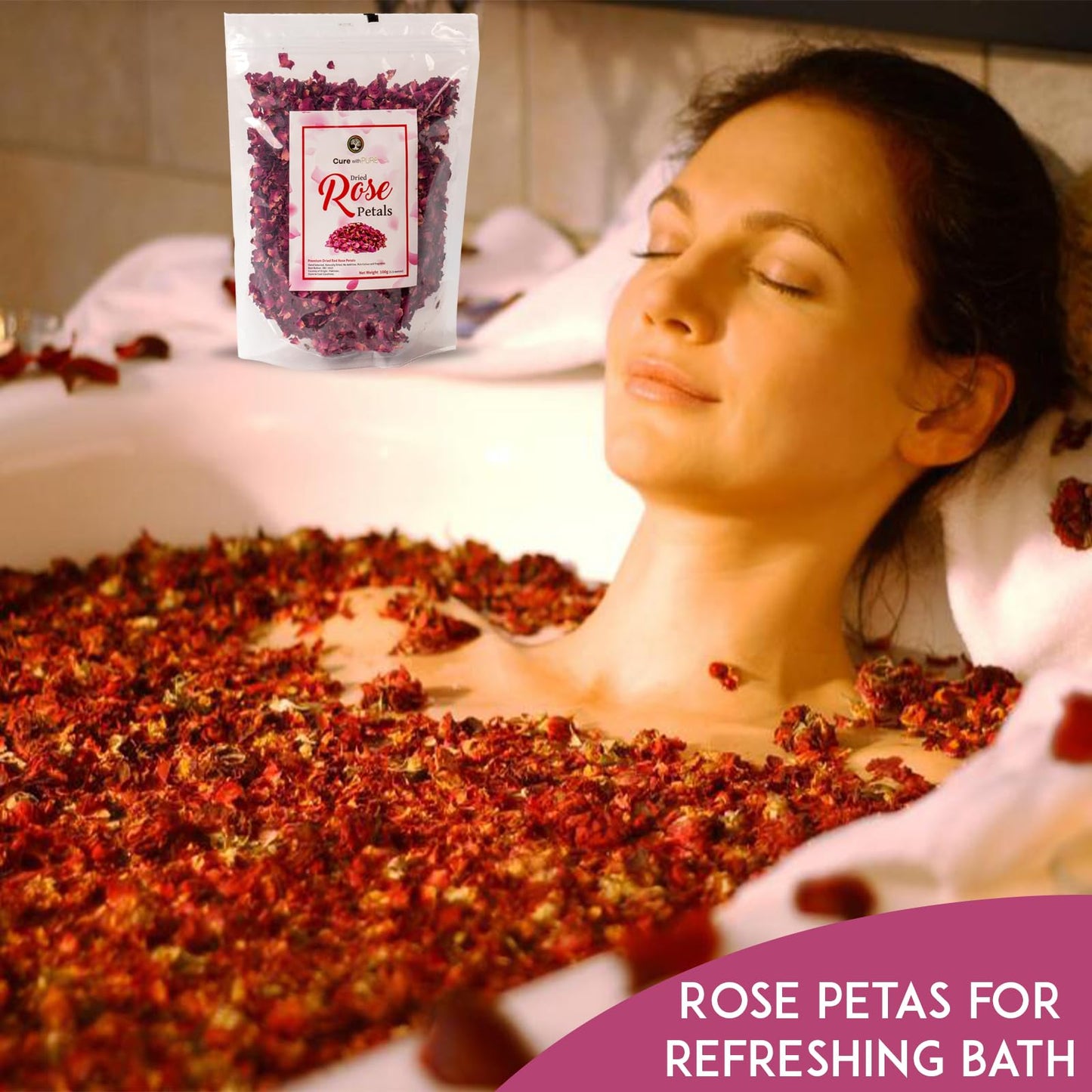 Cure Wid Pure Organic Dried Rose Petals, Food-Grade Edible, 4 oz, Non-GMO, Gluten-Free, Muted Red & Brown, Resealable Bag
