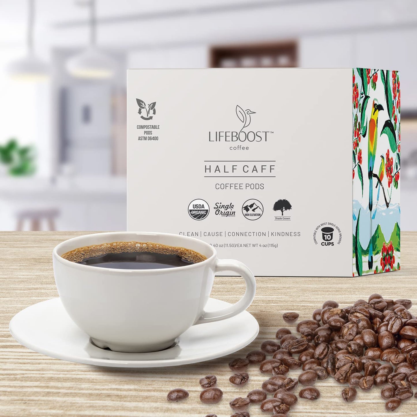 Lifeboost Half Caff Coffee K Cups - Low Acid Half Caff Coffee Pods - Single Origin Non-GMO Mold Free Pods Compatible with Keurig