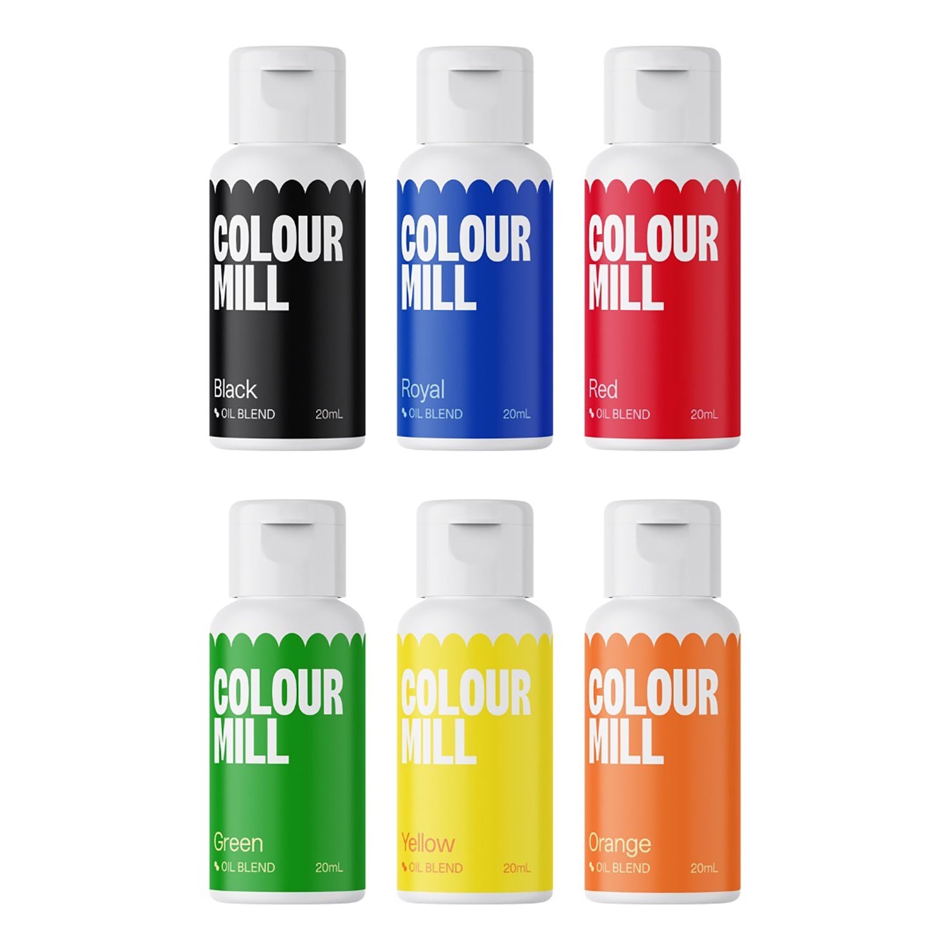 Colour Mill Oil-Based Food Coloring, 20 Milliliters Each Of 6 Colors: Black, Royal, Red, Green, Yellow And Orange