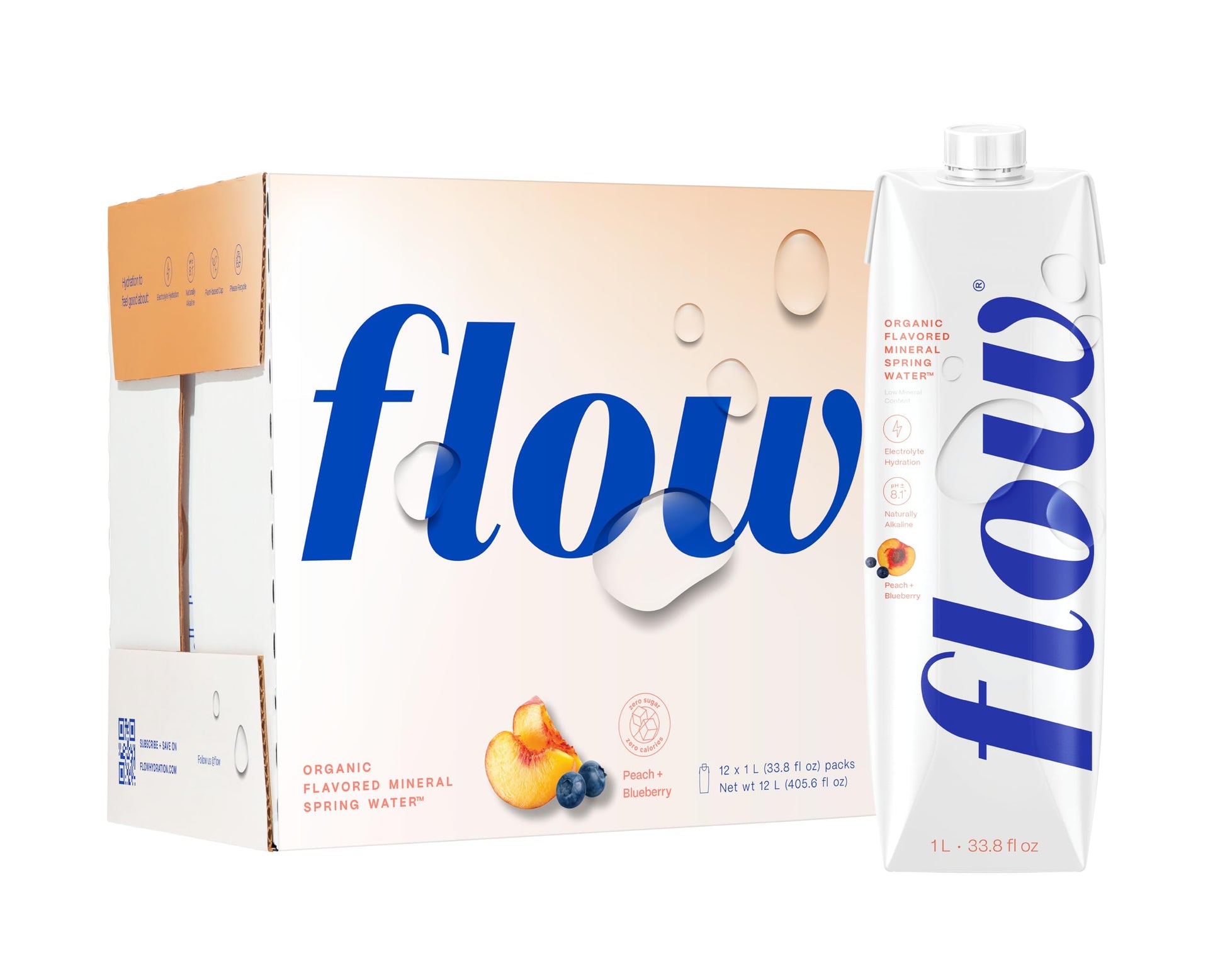 Flow Alkaline Spring Water - Peach & Blueberry Flavor, 12 Pack of 1L BPA-Free Bottles, Naturally Alkaline with Electrolytes