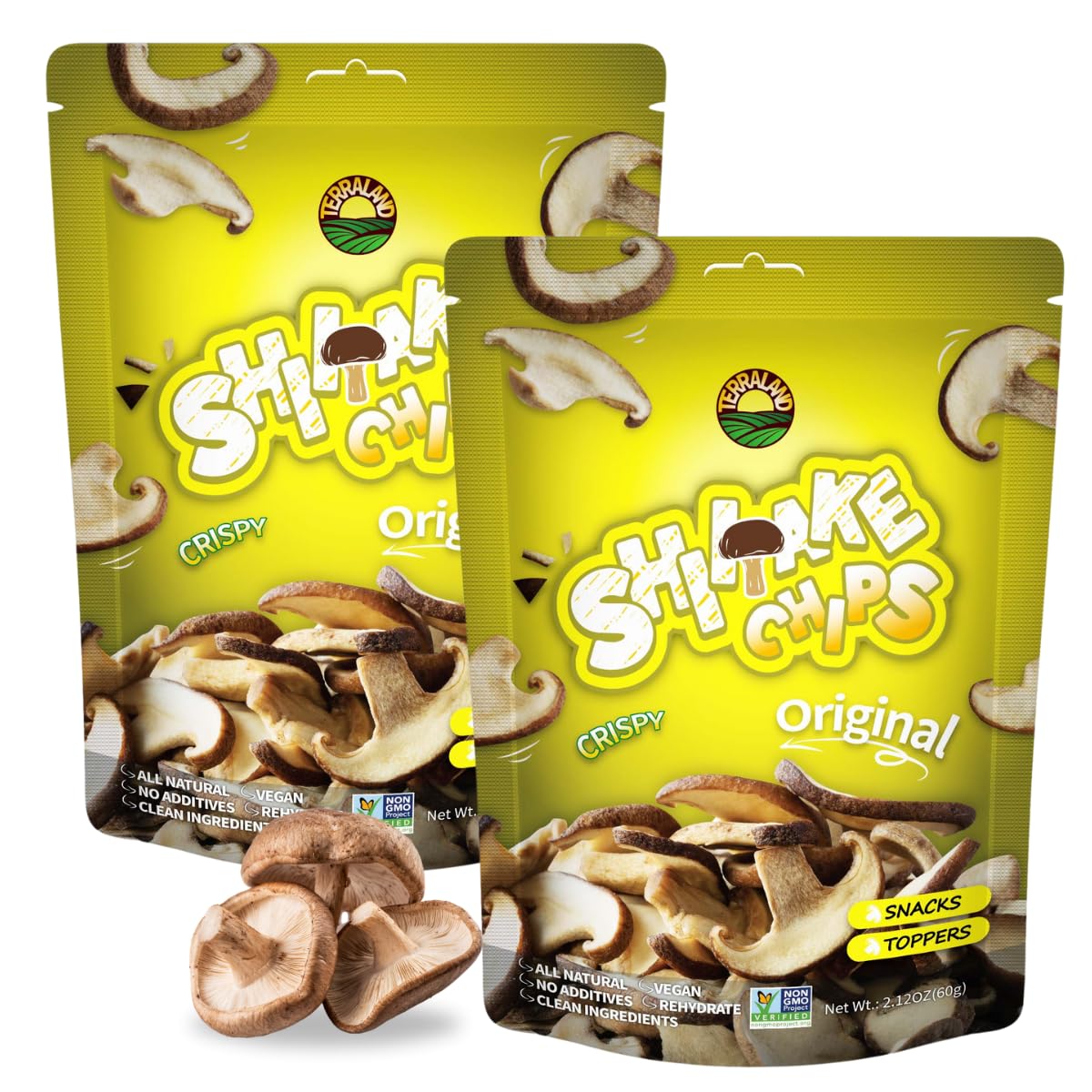 Terraland Shiitake Chips - Original, Crispy & Crunch Mushroom Ready to Eat Snack, Non GMO, Rich Umami Flavor, Topping for Salads