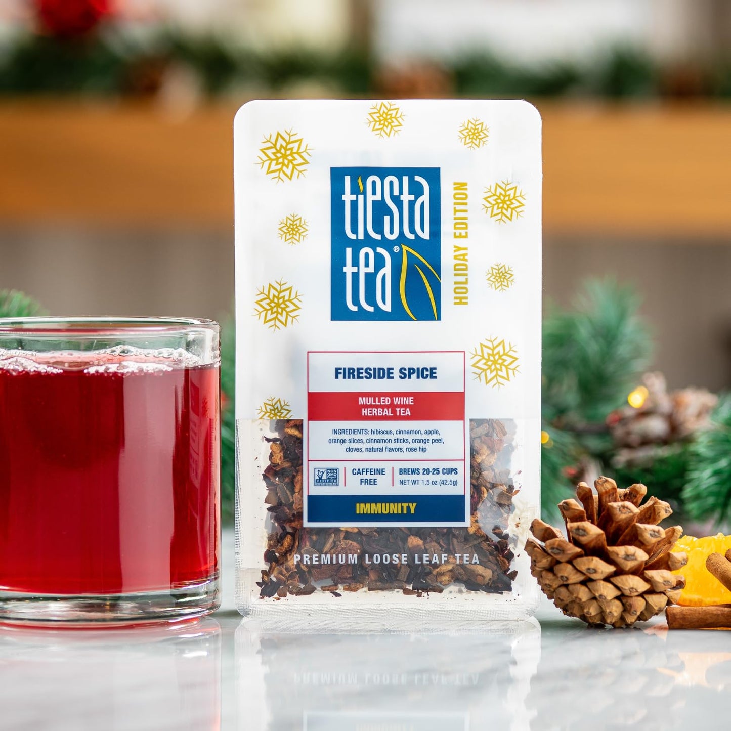 Tiesta Tea Loose Leaf Mulled Wine Herbal Tea, Premium Non-Caffeinated Holiday Blend, 1.5 Ounce Pouch, Brews Up to 25 Cups, Fireside Spice
