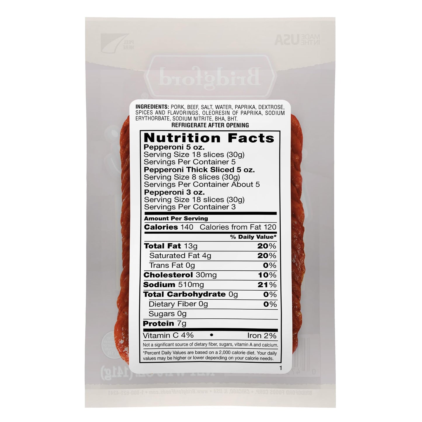 Bridgford Thick Sliced Pepperoni 5 oz Pack of 3 - Zero-Carb Slices for Pizza and Sandwiches