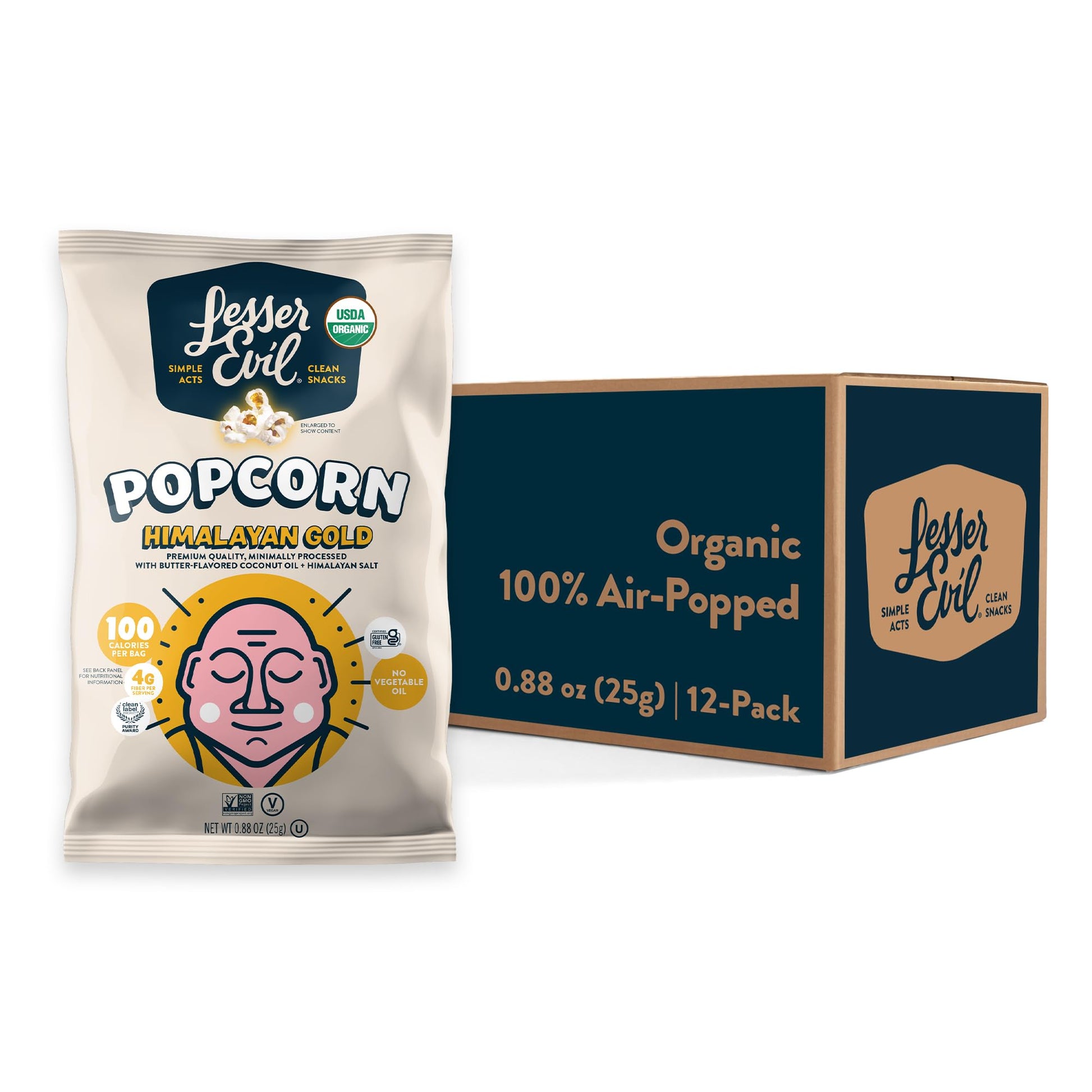 LesserEvil Organic Himalayan Gold Salt Popcorn, 0.88 Oz, Pack of 12, Minimally Processed, No Vegetable Oil