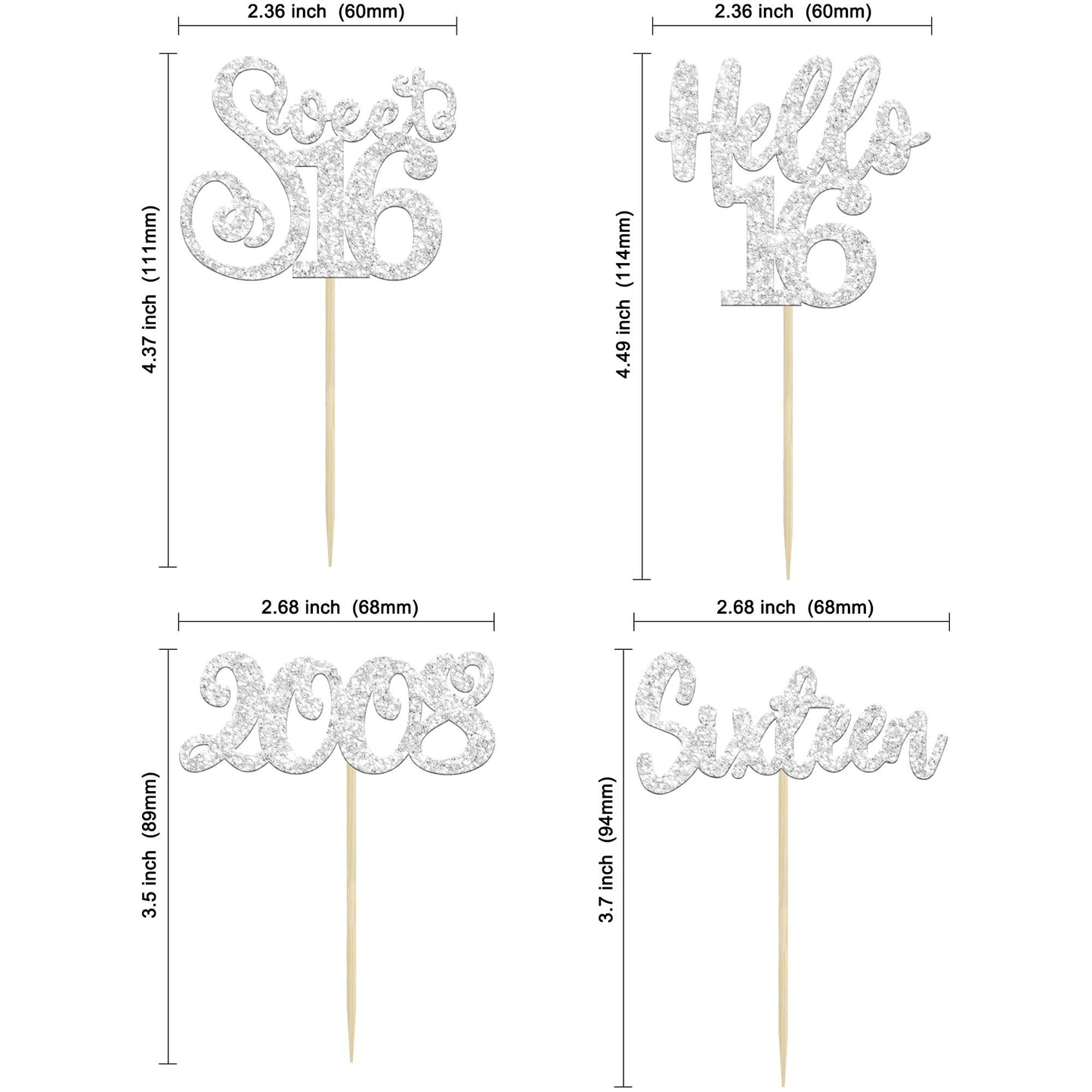 Gyufise 24Pcs 16Th Birthday Cupcake Toppers Silver Glitter Hello 16 Sweet 16 Cupcake Picks 2008 16Th Birthday Cake Decorations F