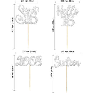 Gyufise 24Pcs 16Th Birthday Cupcake Toppers Silver Glitter Hello 16 Sweet 16 Cupcake Picks 2008 16Th Birthday Cake Decorations F