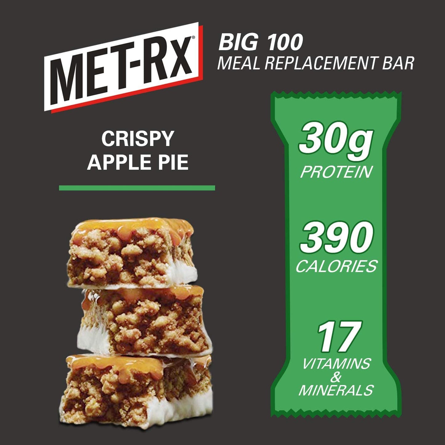 Met-Rx Big 100 Protein Bar, Meal Replacement, 30G Protein, Gluten Free, Crispy Apple Pie, 3.52 Oz. Ea, 8 Count (Packaging May Vary)