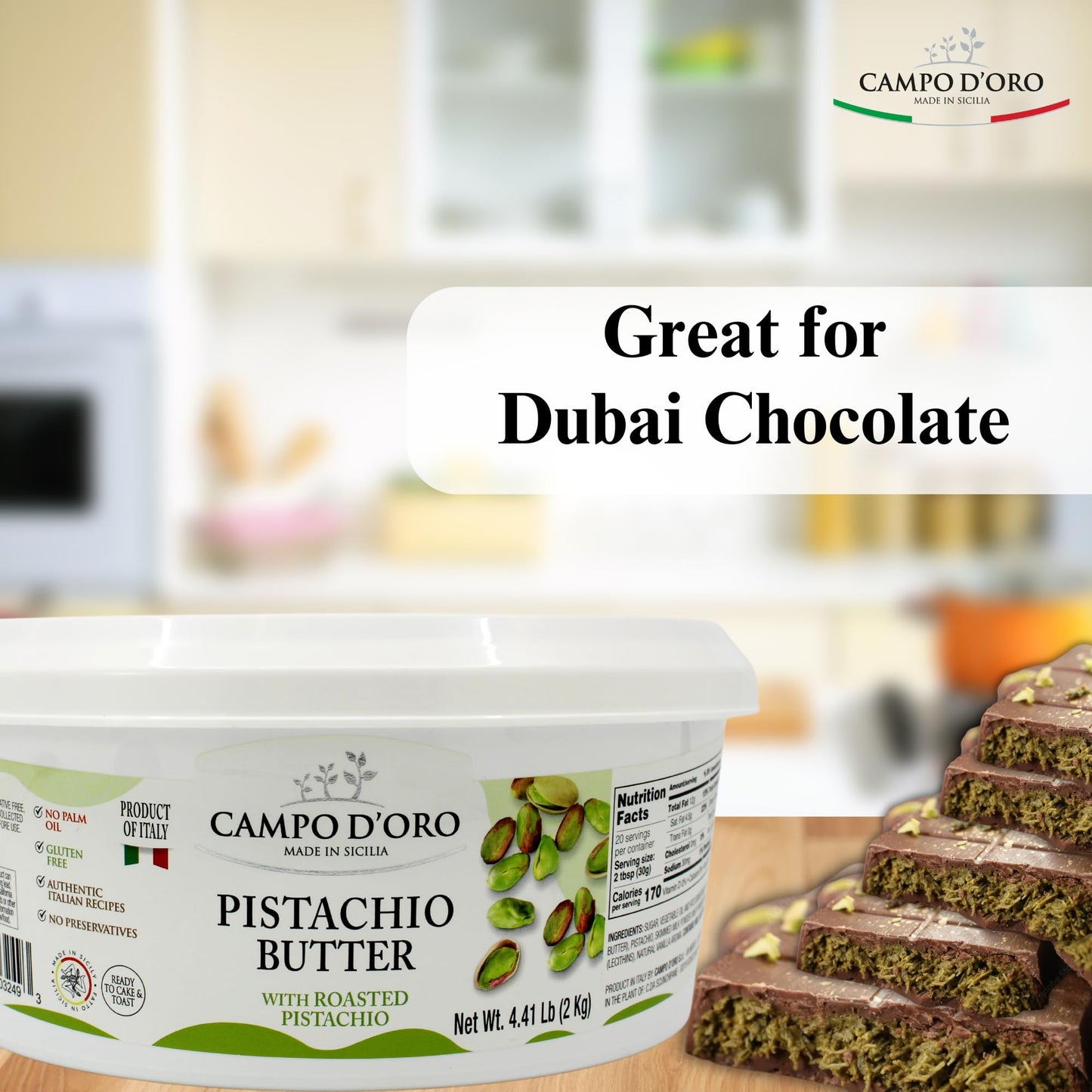 Campo D'Oro - Pistachio Butter Cream Bulk, 4.4 Lb (2 Kg), Rich & Nutty For Ice Cream, Dubai Pistachio Chocolate Bars, And More,