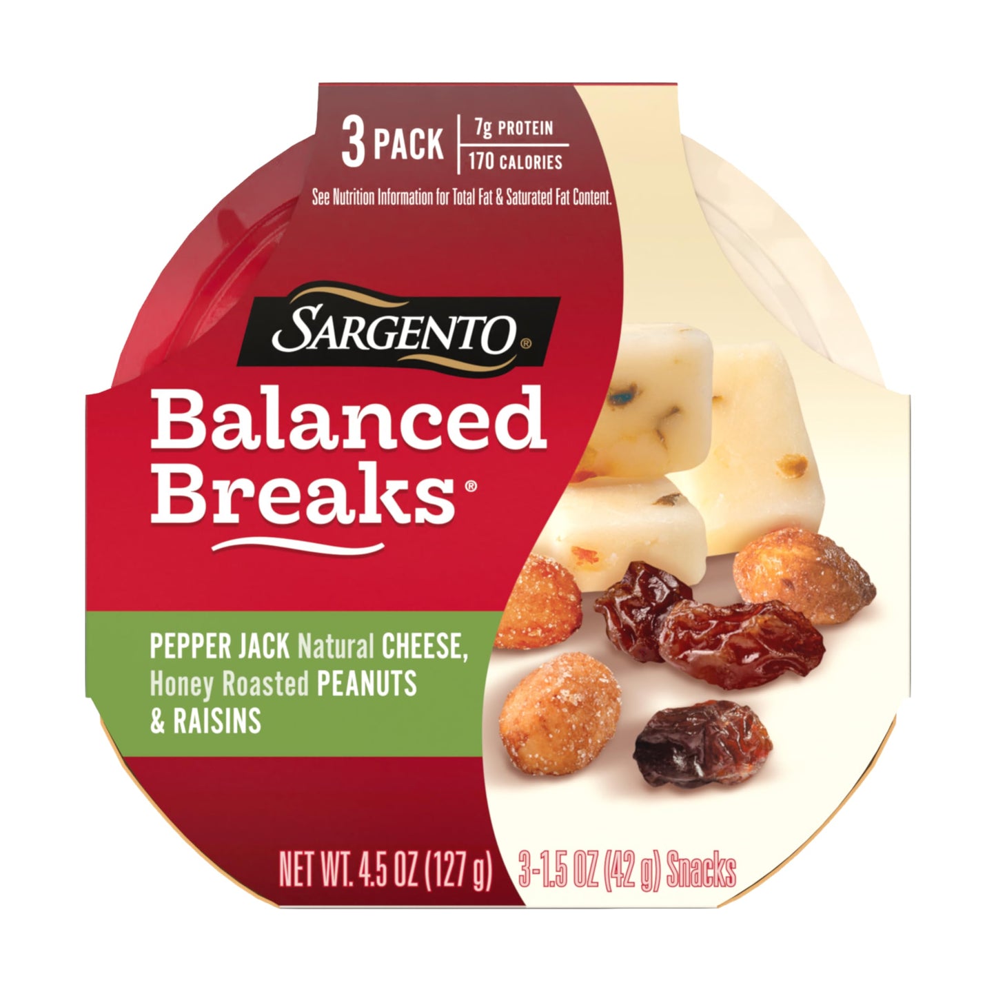 Sargento Balanced Breaks Natural Pepper Jack Cheese, Honey Roasted Peanuts and Raisins Snack Kit, 3-Pack