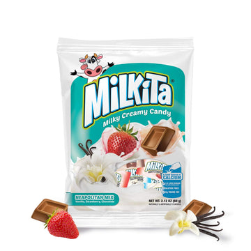 Milkita Creamy Shake Candy Bag, Gluten Free Chewy Candies With Calcium & Real Milk, Zero Trans Fat, Low-Sugar, Neapolitan Flavors (Vanilla, Strawberry, Chocolate), 30 Pcs