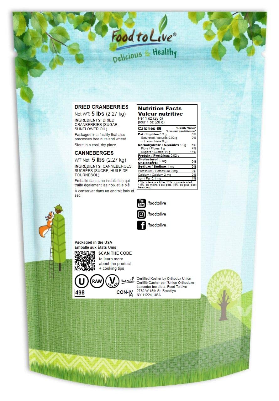 Food to Live Dried Cranberries, 5 Pounds - Raw, Kosher, Vegan, Lightly Sweetened and Coated with Sunflower Oil, Unsulfured, Bulk