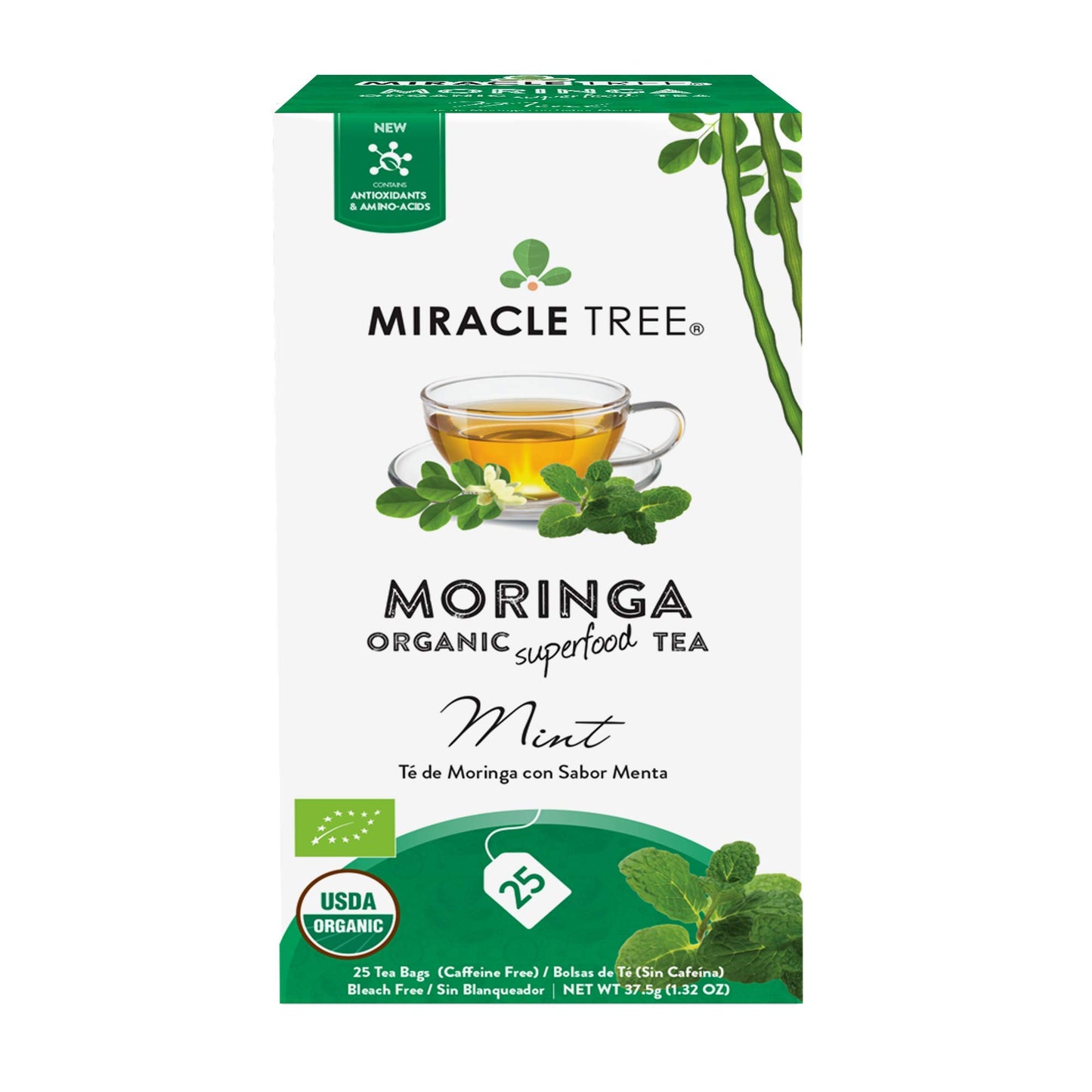 Tree Organic Moringa Superfood Tea, Mint Flavor, 25 Individually Sealed Tea Bags, Vegan, Gluten-Free, Caffeine-Free