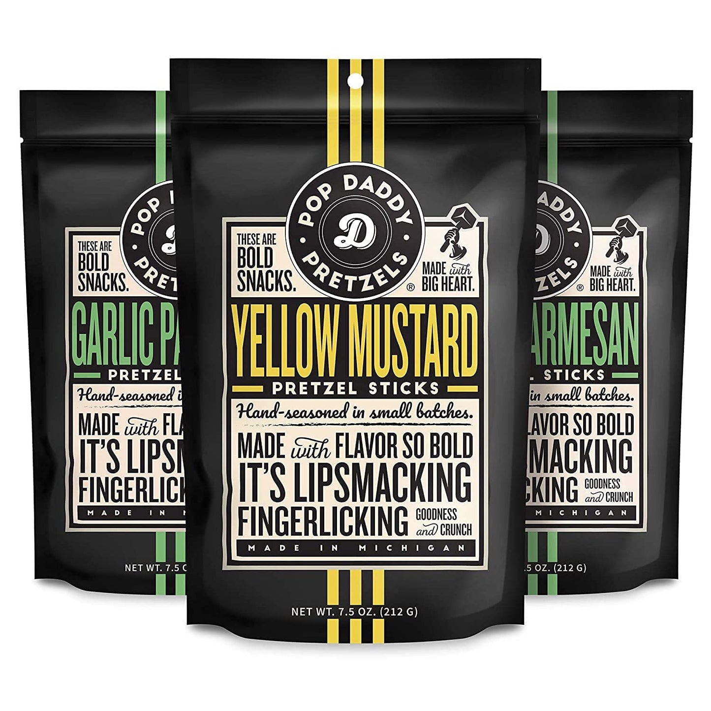 POP DADDY Flavored Pretzel Sticks Variety Pack - Garlic Parmesan & Yellow Mustard, 7.5oz (3 Pack)
