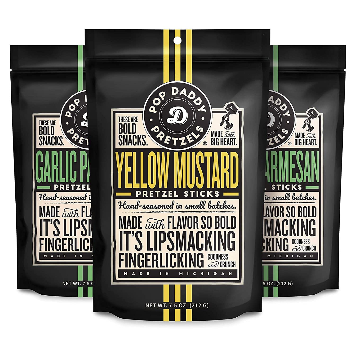 POP DADDY Flavored Pretzel Sticks Variety Pack - Garlic Parmesan & Yellow Mustard, 7.5oz (3 Pack)
