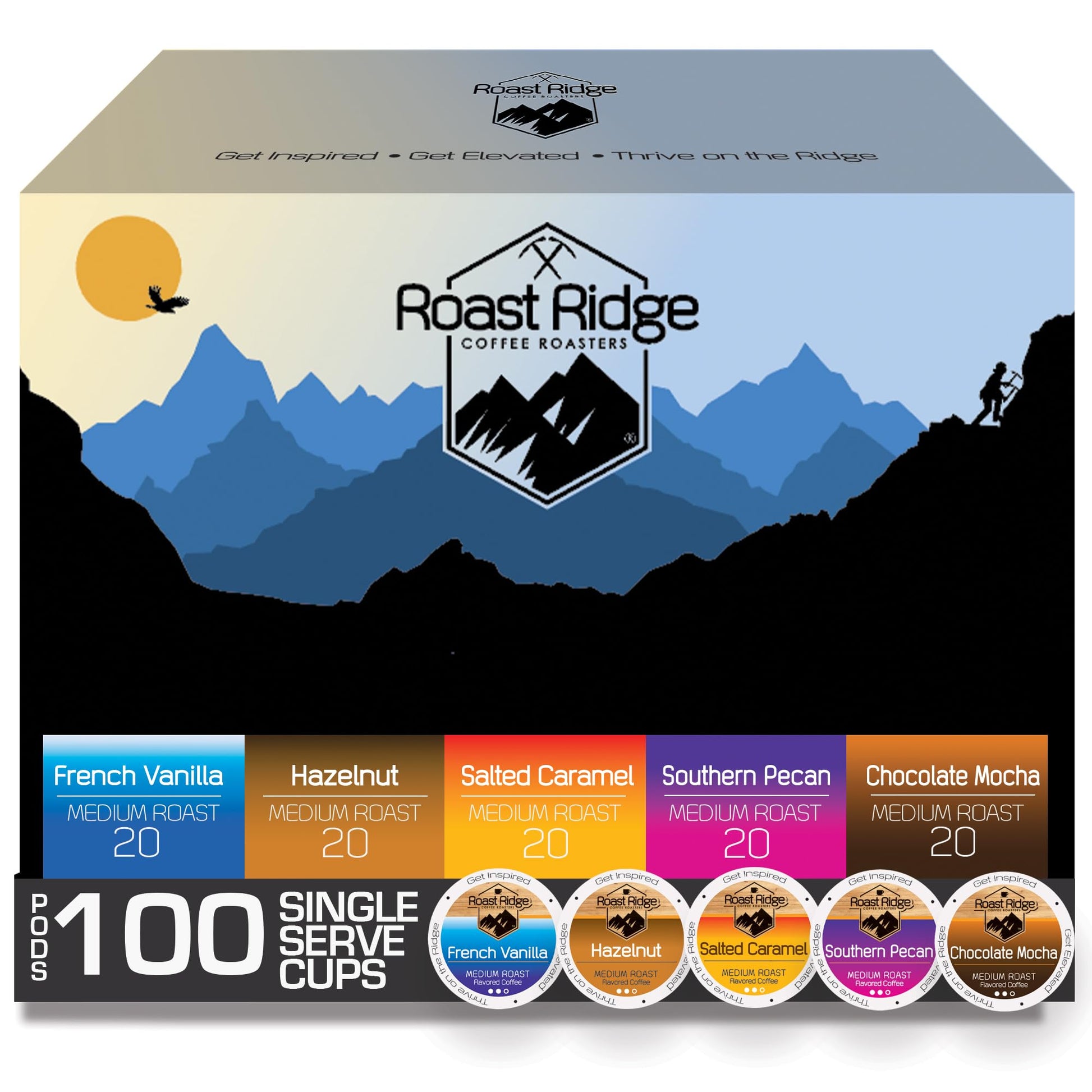 Roast Ridge Single Serve Coffee Pods Variety Pack, 100 Count, Medium Roast, Includes Salted Caramel, Southern Pecan, Hazelnut, Mocha, Vanilla