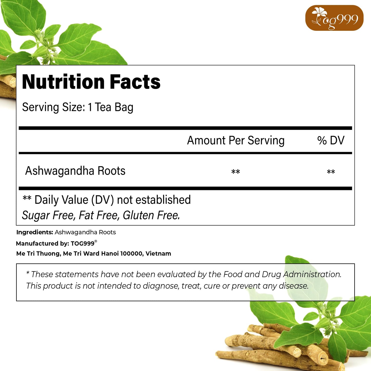 TOG999  enhanced 60 Ashwagandha Root Tea Bags  100% Natural & Pure  Ashwagandha Root Herbal Tea. No Sugar  No Caffeine  No Gluten  Vegan.
