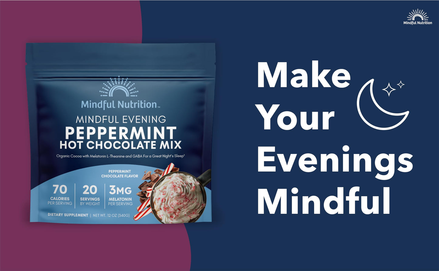 Mindful Nutrition Peppermint Cocoa Mix - Natural Sleep Aid with Melatonin, L-Theanine & GABA, 12 Ounce Pack