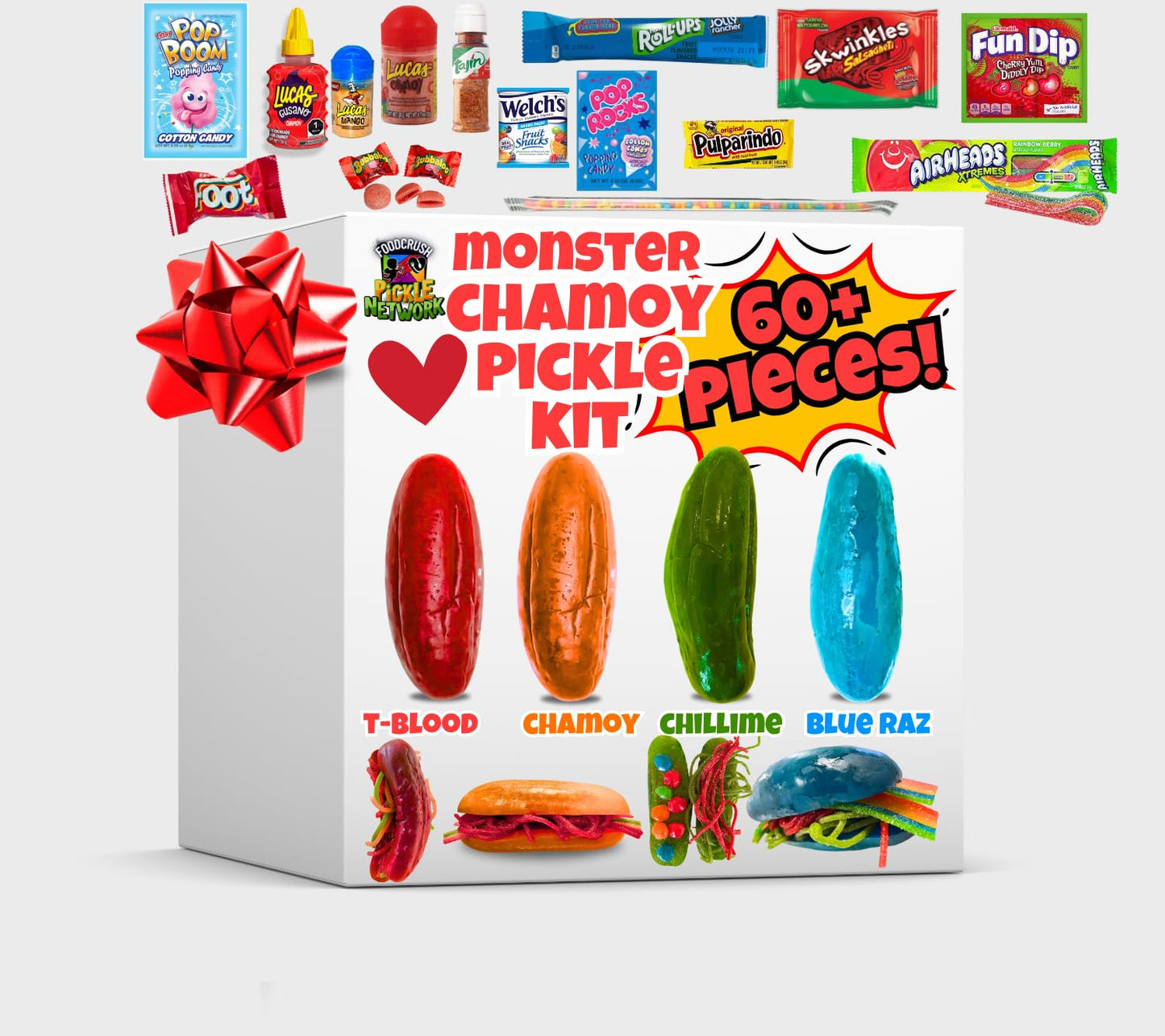 Chamoy Pickle Kit Monster 60 Piece Candy Gift Box Variety Pack from Tiktok-Cotton candy pop rocks, fruit roll-ups, Lucas Gusano,