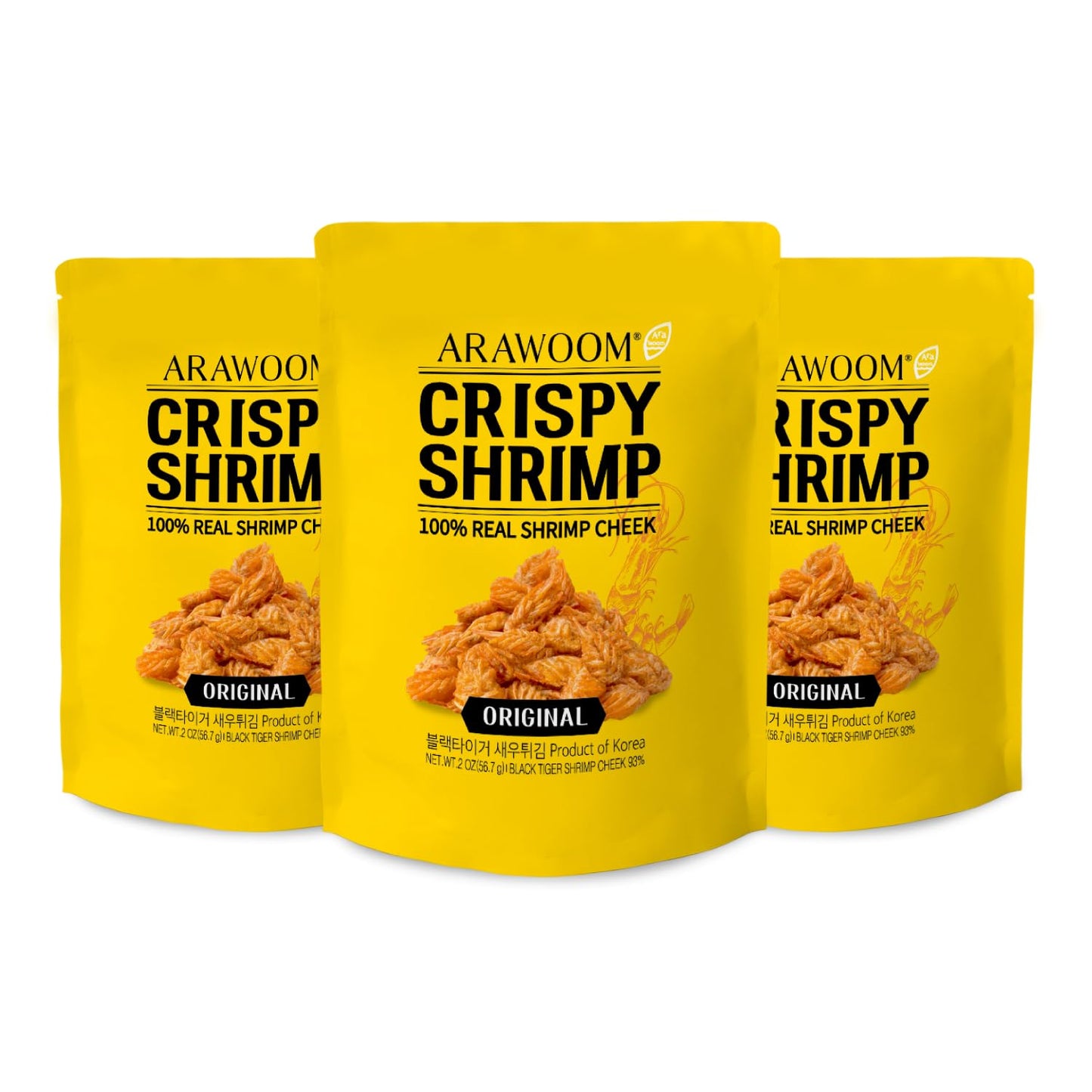 ARAWOOM - Real Crispy Shrimp Cheek Snack - 100% Real Black Tiger Shrimp [2 ounce (Pack of 3)] - Original Flavors - Crunchy Treat