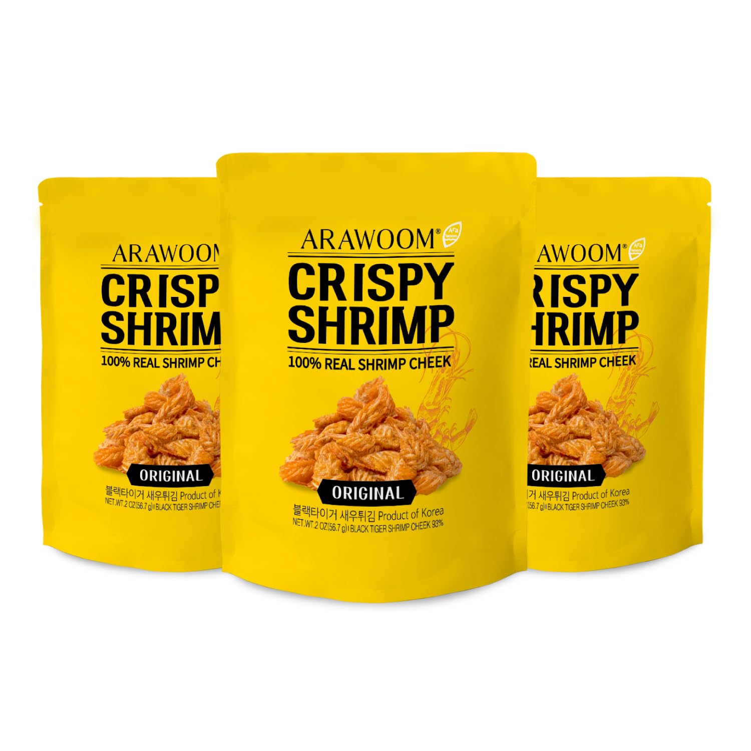 ARAWOOM - Real Crispy Shrimp Cheek Snack - 100% Real Black Tiger Shrimp [2 ounce (Pack of 3)] - Original Flavors - Crunchy Treat