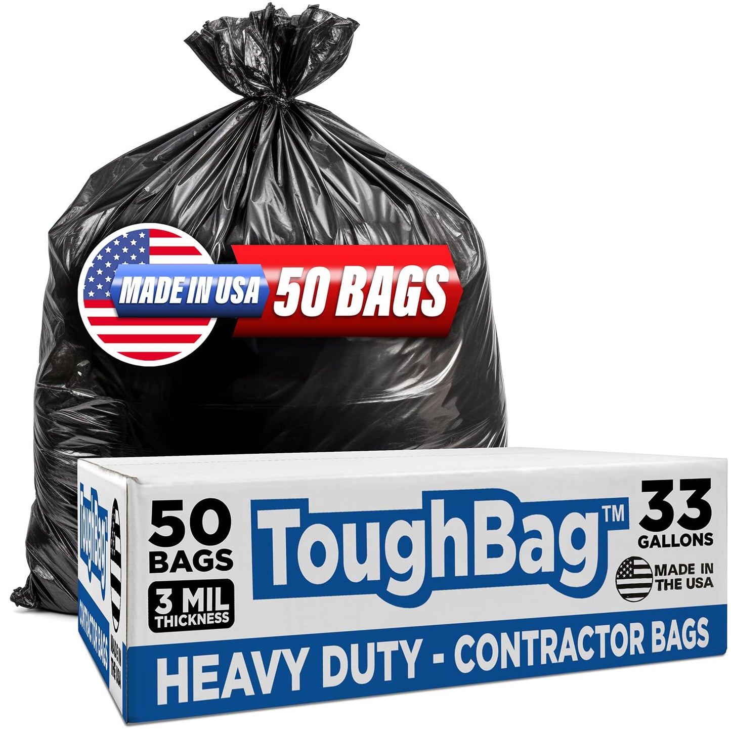 Toughbag 33 Gallon Trash Bags, 32 X 38'' Black Garbage Bags (50 Count) - Heavy Duty 3 Mil Outdoor Industrial Garbage Can Liner F