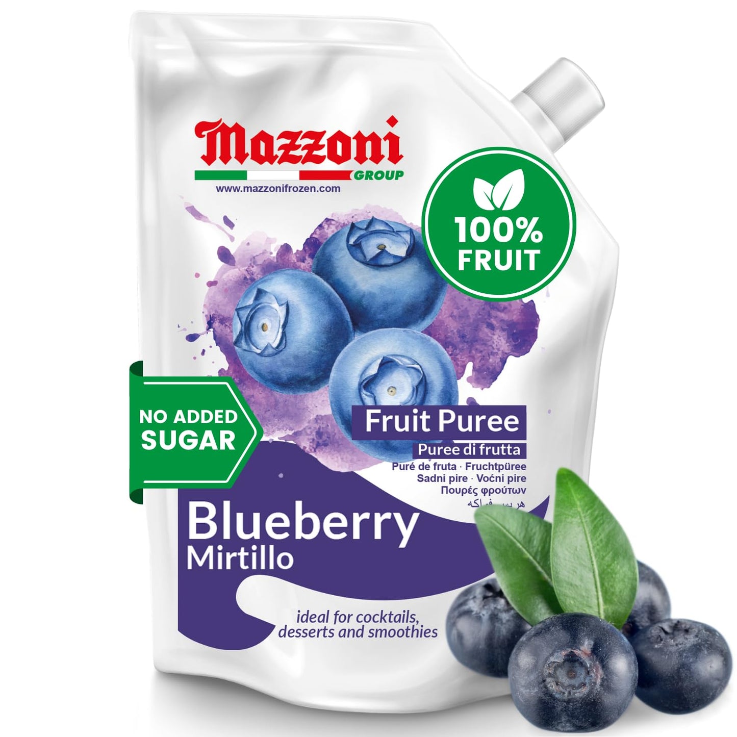 Mazzoni Blueberry Puree  100% Pure Blueberries  Just Fruit  No Sugar Added  2.2 Lbs (35.2 Oz) Rmixer For Mixed Flavors  Drinks  Smoothies. Convenient Pouch  Made In Italy