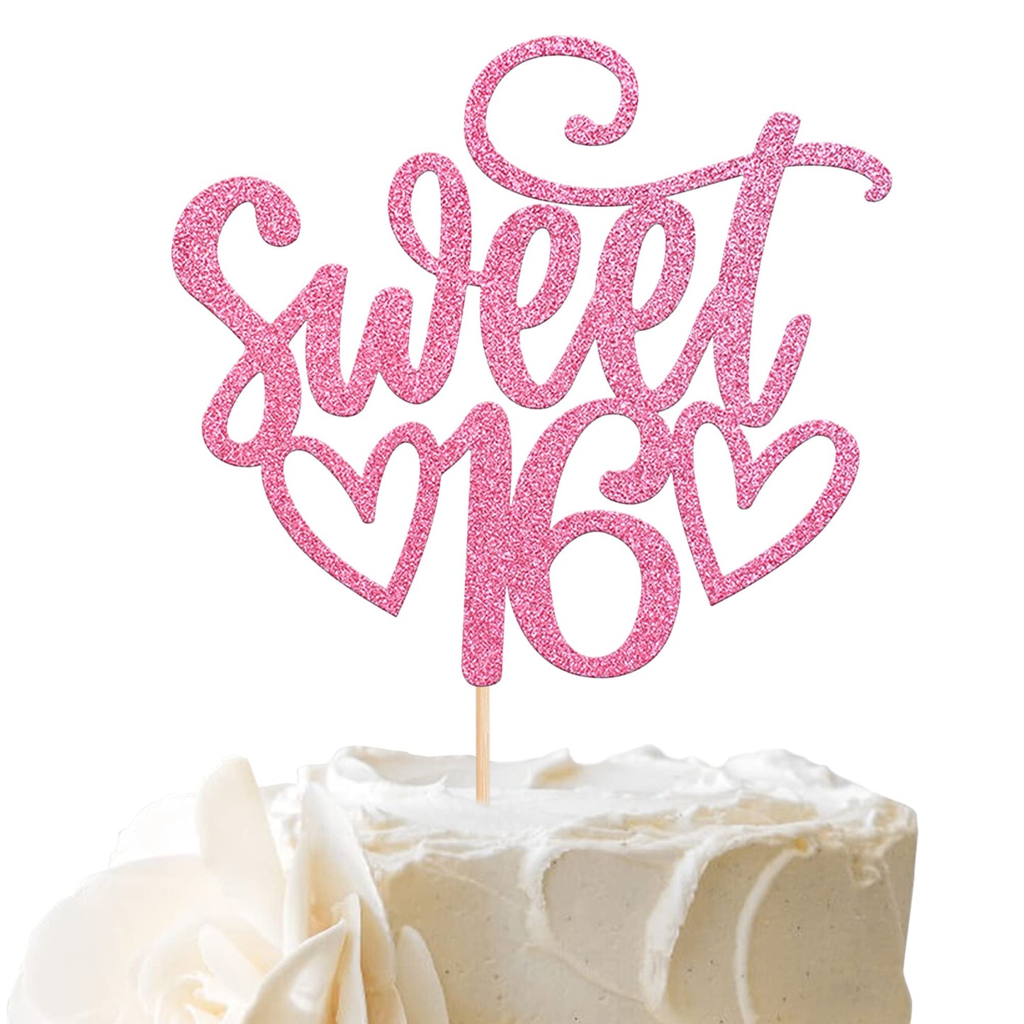 YCTHUNFISH 16th Birthday Cake Topper, Glitter Pink Bamboo Decoration for 16 Years Old Celebration